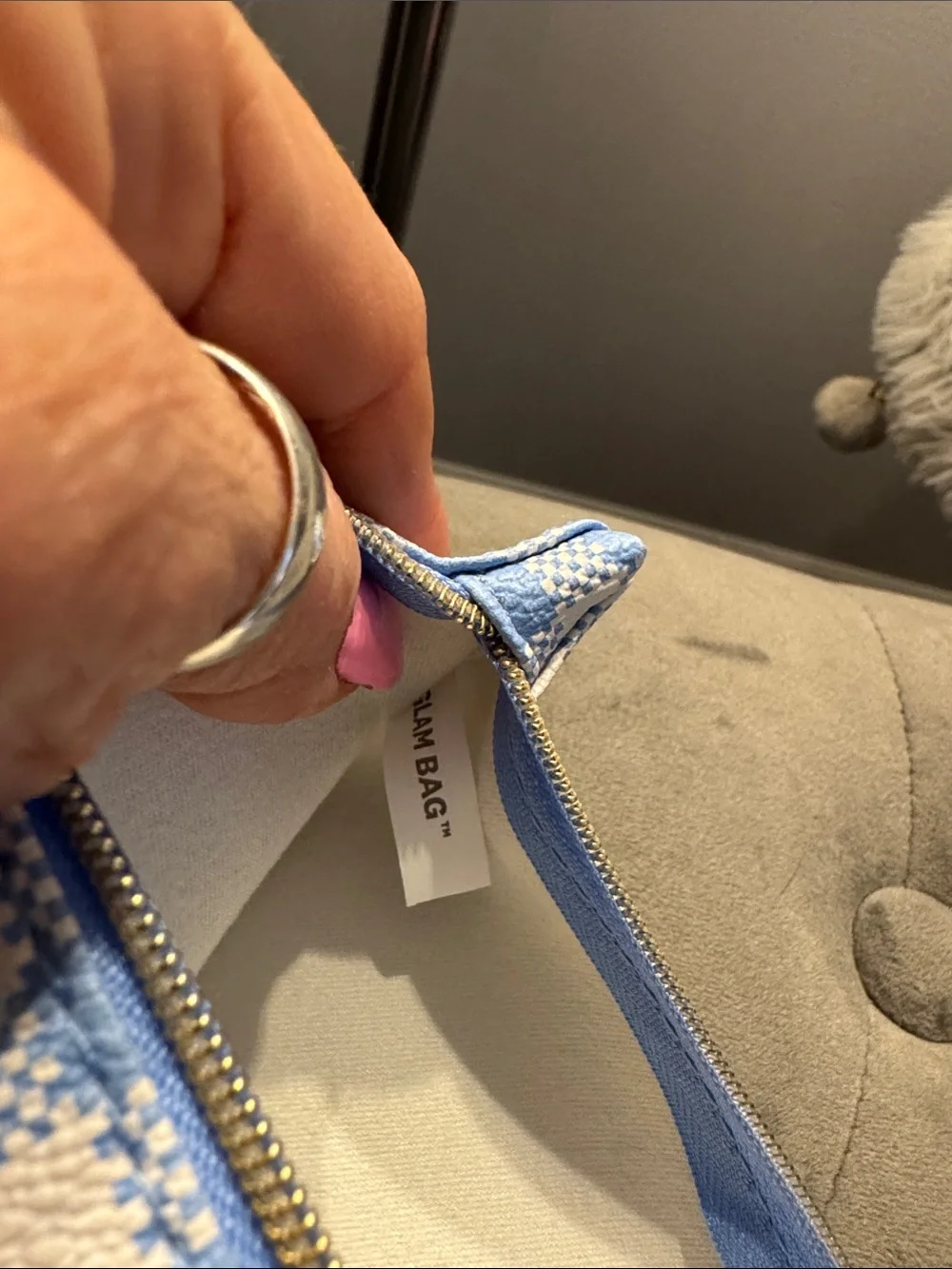 Ipsy Blue Gingham Faux Leather Glam Bag Wristlet